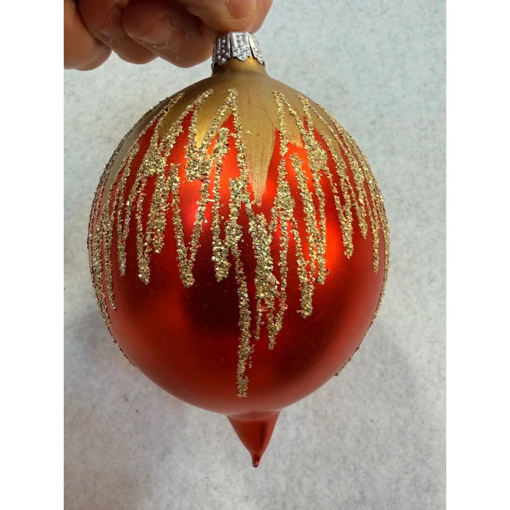 Vintage Style Glass Christmas Ornament Orange Gold Glitter Icicle Teardrop 4.5in
